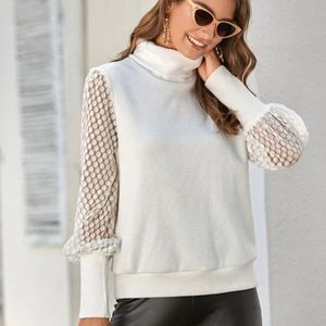 Sheer bishop sleeve fold over turtleneck sweater blouse white